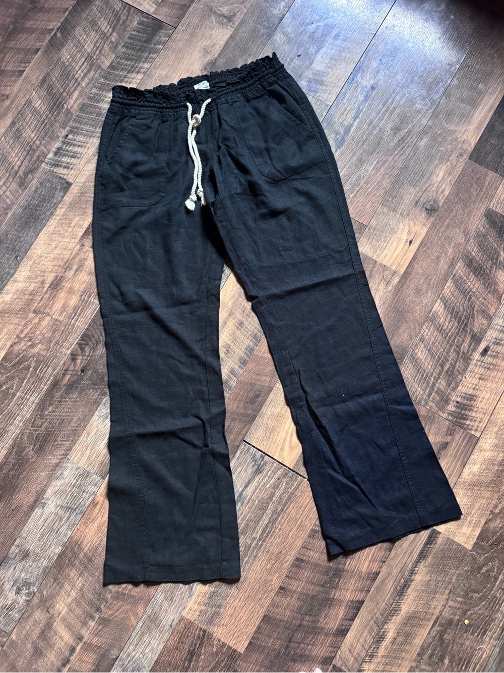 Roxy Black Wide Leg Drawstring Linen Beach Pants with White Cord